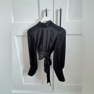 Zara top, open back, waist tie, buttoned neck and wrists, cropped
